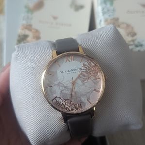 Olivia Burton abstract floral leather watch in grey and rose gold